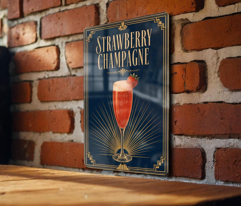 A framed poster of a strawberry champagne drink is displayed on a brick wall.
