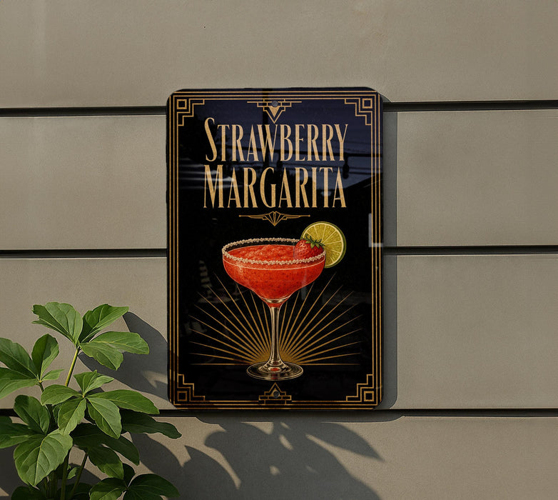 A sign for a strawberry margarita cocktail is displayed on a wall, featuring a glass of the drink with a strawberry garnish and a lime wedge.