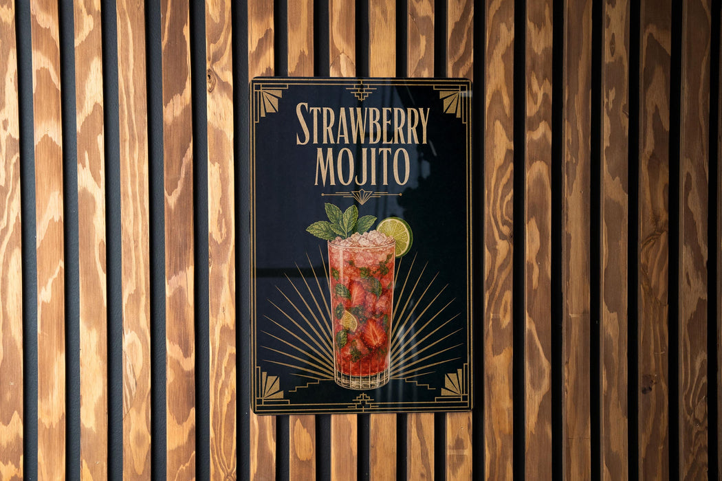 A poster advertising a strawberry mojito is displayed on a wooden wall.
