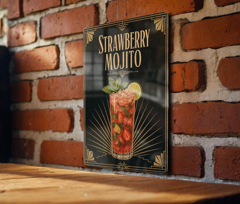 A framed poster of a strawberry mojito is displayed on a brick wall, with a wooden table below it.