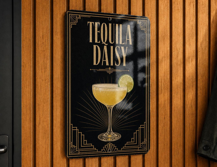 A sign for Tequila Daisy cocktail is displayed on a wooden wall.