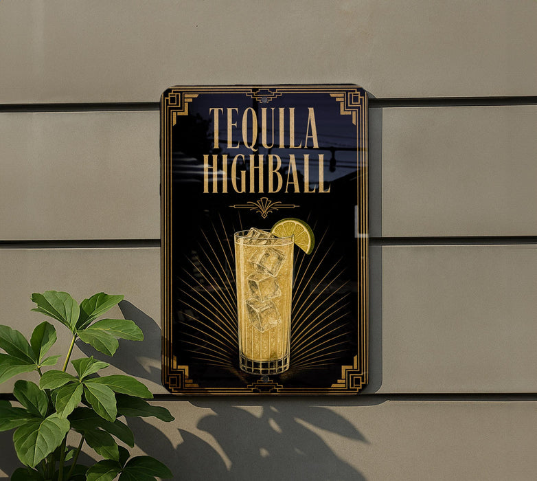 A sign for "Tequila Highball" is displayed on a wall, featuring an illustration of a tequila highball glass with a lemon slice.