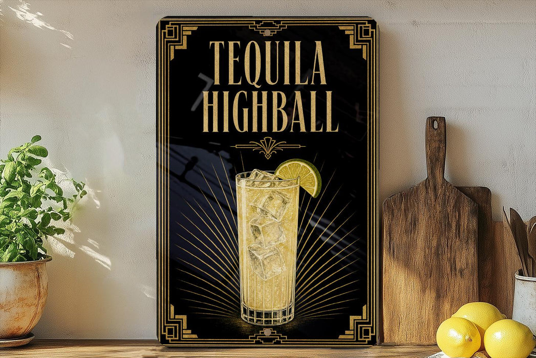 A framed advertisement for tequila highball, featuring a glass of tequila with a lime slice, is displayed on a wall next to a wooden cutting board and a potted plant.