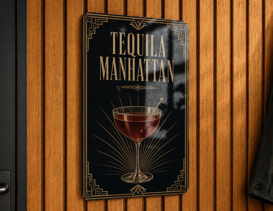 A sign that reads "Tequila Manhattan" with an illustration of a glass of tequila.