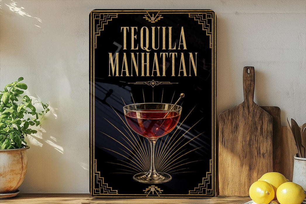 A framed poster with the text "TEQUILA MANHATTAN" and an illustration of a tequila drink, placed on a wooden surface next to a cutting board and a potted plant.