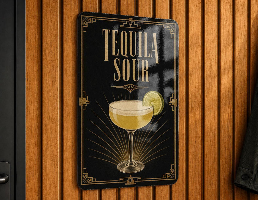A sign with the text "TEQUILA SOUR" and an illustration of a tequila sour cocktail.