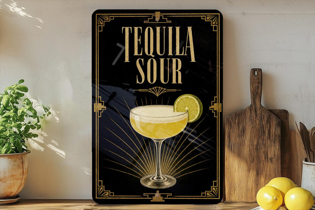 A decorative sign with the text "TEQUILA SOUR" and an illustration of a tequila sour cocktail, along with a lemon slice, is displayed on a wooden shelf.