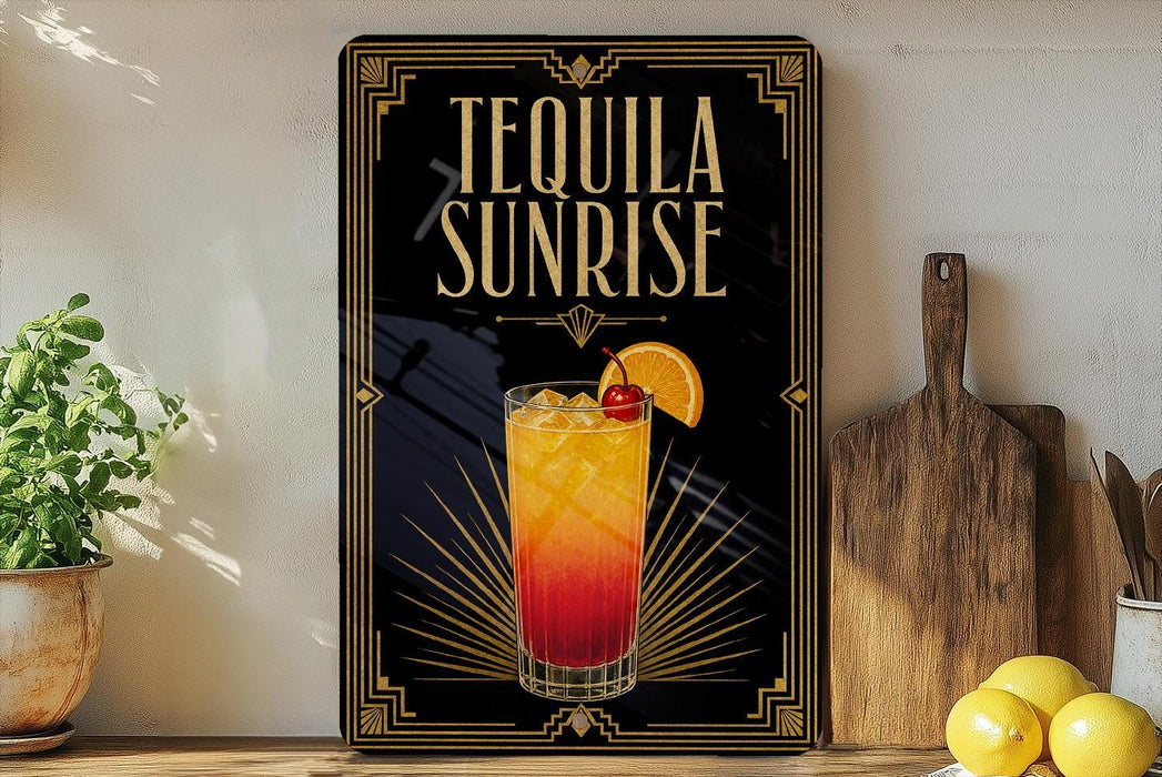 A framed advertisement for a tequila sunrise cocktail, featuring a colorful illustration of the drink and the text "TEQUILA SUNRISE" prominently displayed.