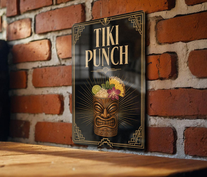 A sign for "Tiki Punch" is displayed on a brick wall, featuring a tiki mask and a tiki-style drink.