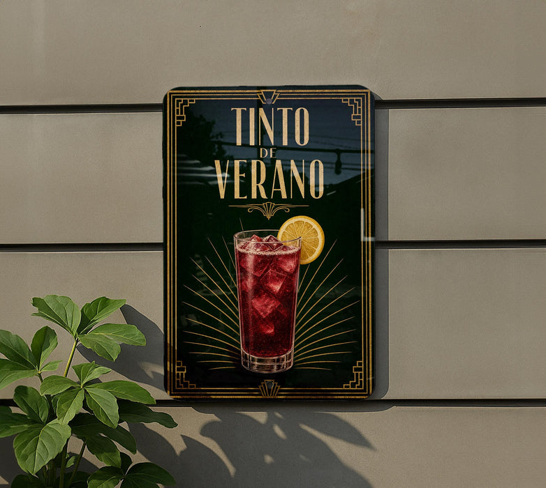 a sign for a drink called "Tinto de Verano" with a glass of red liquid and a lemon slice.