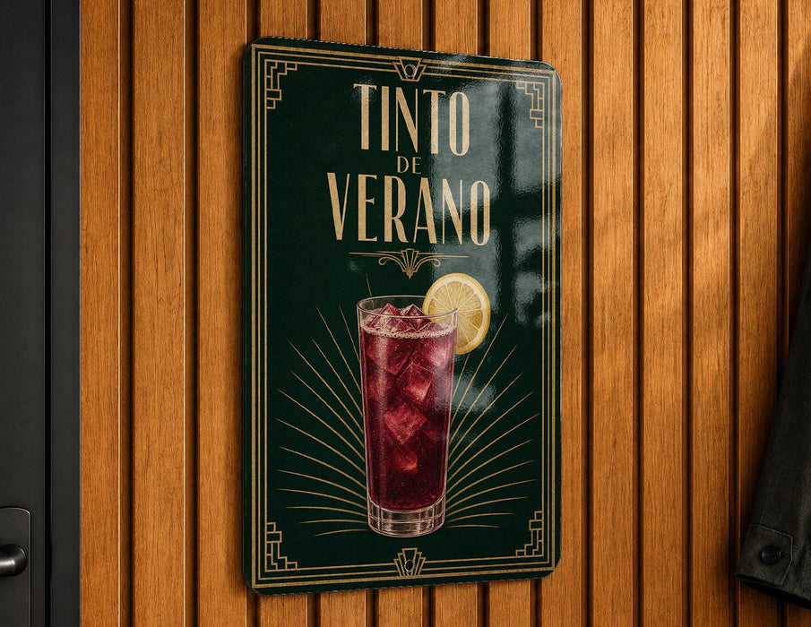 A sign for "Tinto de Verano" with a glass of red drink and a lemon slice, displayed on a wooden wall.
