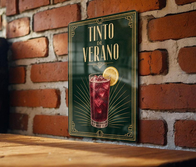 a sign for a drink called "Tinto de Verano" with a glass illustration and a lemon slice.
