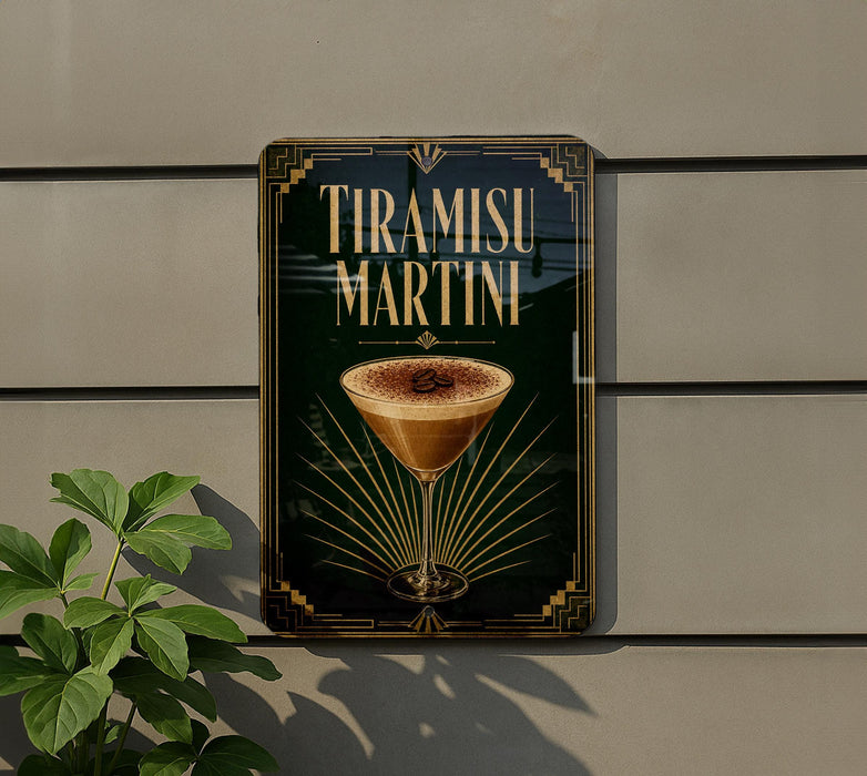 A metallic sign with the text "Tiramisu Martini" and an illustration of a cocktail glass with a frothy top.