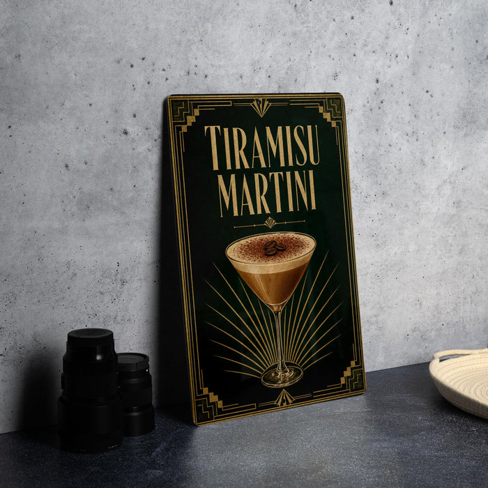A framed poster of a tiramisu martini is displayed on a gray countertop, accompanied by a stack of black cups and a white dish.