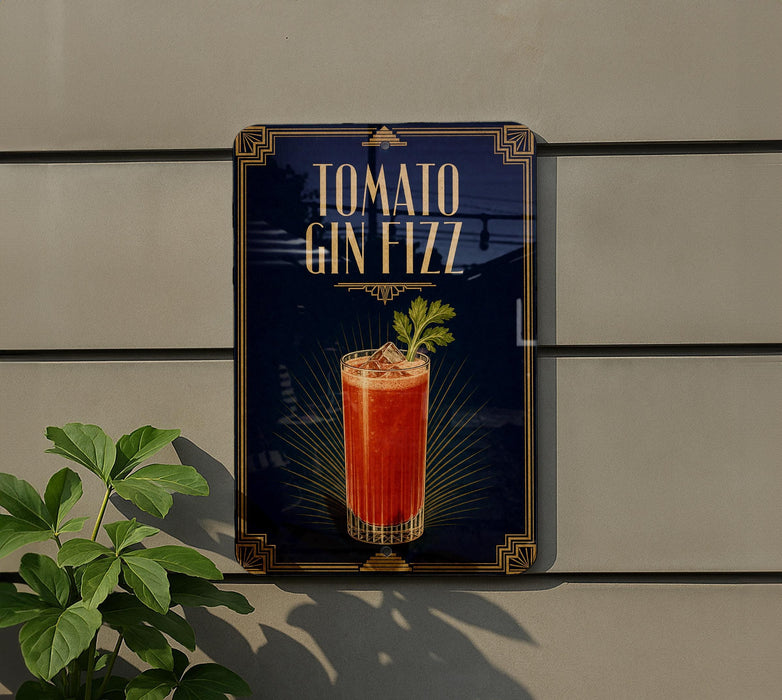 A sign advertising a drink called "Tomato Gin Fizz" is displayed on a wall, featuring an illustration of a cocktail with a garnish.
