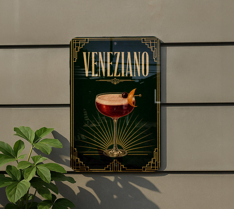 a decorative sign for "Veneziano" cocktail, with a glass of red wine and a garnish on the sign.