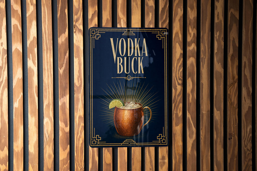 A sign for a vodka buck cocktail is displayed on a wooden wall.