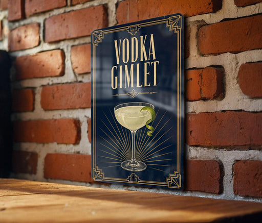 A sign with the text "VODKA GIMLET" and an illustration of a martini glass with a lime wedge.