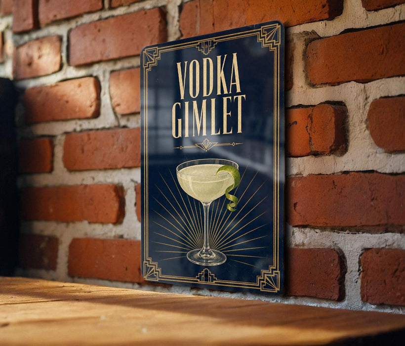 A sign with the text "VODKA GIMLET" and an illustration of a martini glass with a lime wedge.