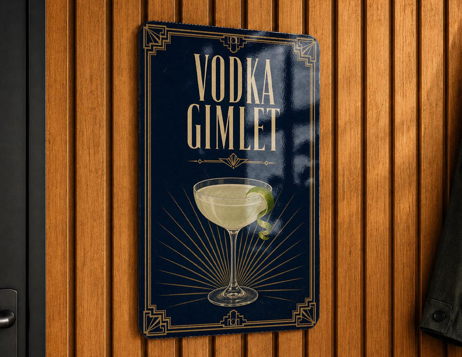 A sign with the text "VODKA GIMLET" and an illustration of a martini glass with a lime wedge.