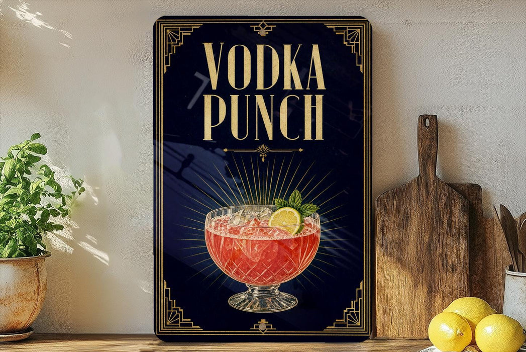 A decorative sign for a vodka punch, featuring a glass of the drink and garnishes, is displayed on a shelf next to a wooden cutting board and a potted plant.