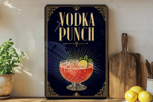 A decorative sign for a vodka punch, featuring a glass of the drink and garnishes, is displayed on a shelf next to a wooden cutting board and a potted plant.