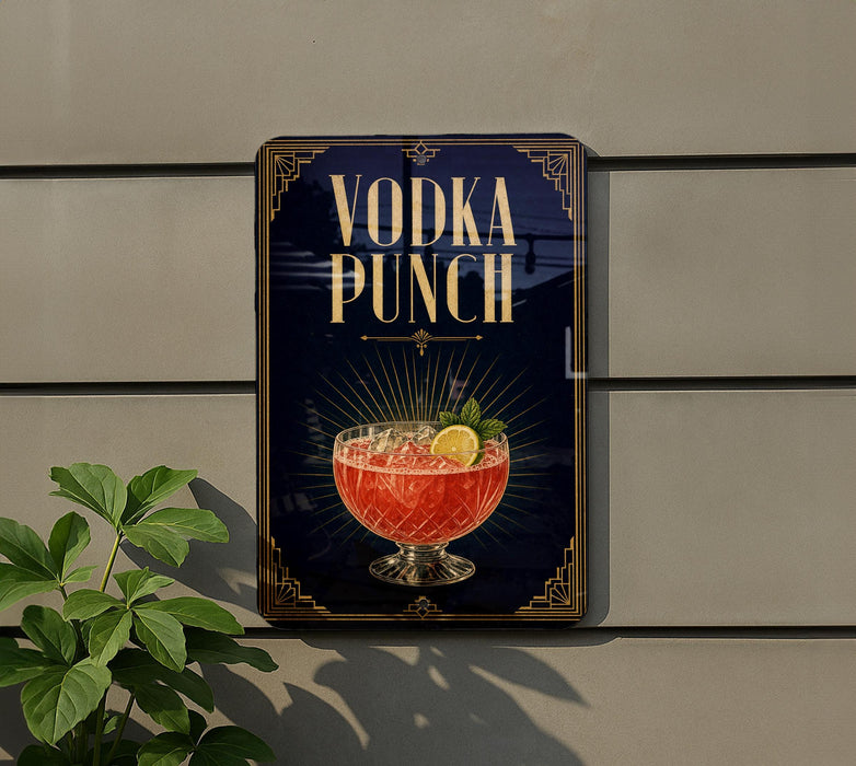 a sign advertising a vodka punch, with a glass of the punch and garnish visible on the sign.