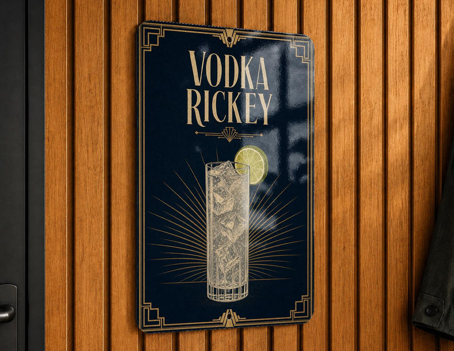 A sign for vodka richey, featuring a glass of the cocktail and a lemon slice.