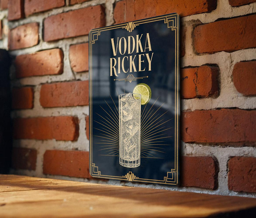 A sign with the text "VODKA RICKEY" and an illustration of a cocktail glass with a lemon slice.
