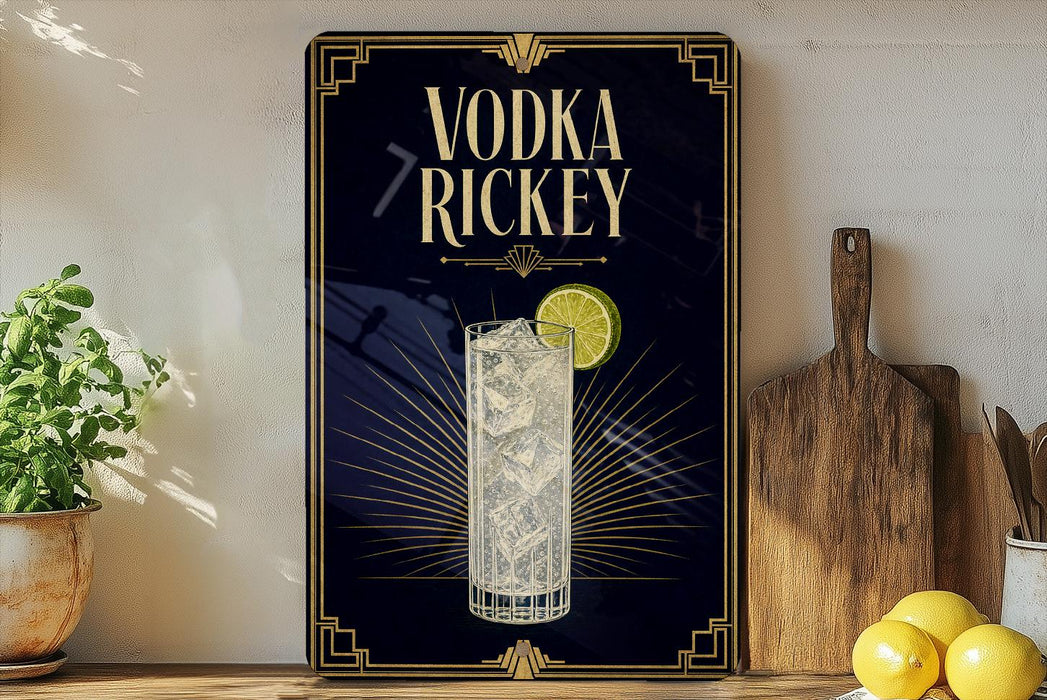 a decorative sign for vodka rickey, with a glass of the drink and a lemon slice, placed on a wooden surface next to a cutting board and some lemons.