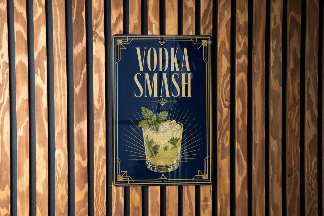 A sign for vodka smash, featuring a glass of the drink and the text "VODKA SMASH" prominently displayed.