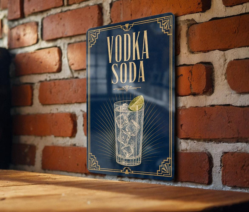 A sign with the text "VODKA SODA" and an illustration of a glass of vodka soda is displayed on a brick wall.