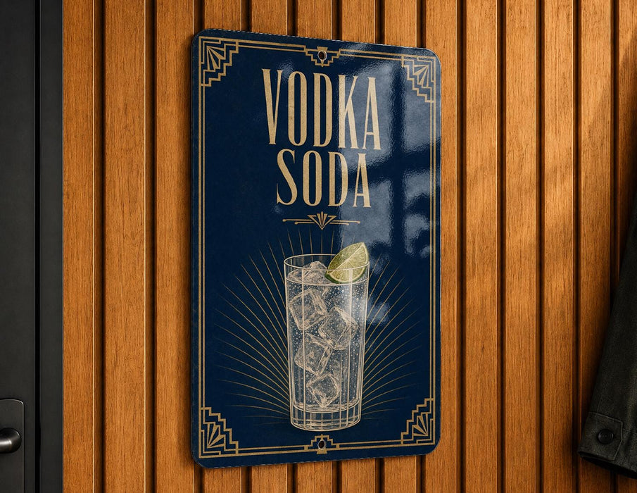 A sign with the text "VODKA SODA" and an illustration of a glass of vodka soda with a lime wedge.