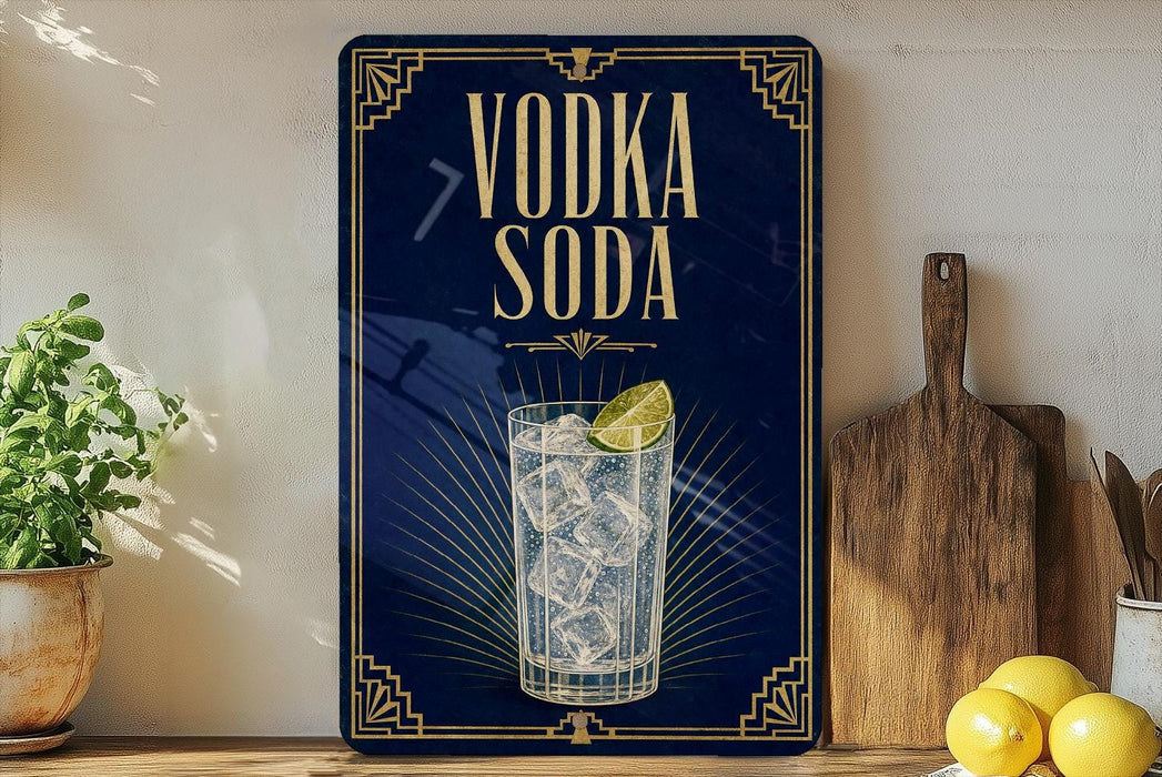a blue sign with the text "VODKA SODA" and an illustration of a glass of vodka with ice and a lime wedge.