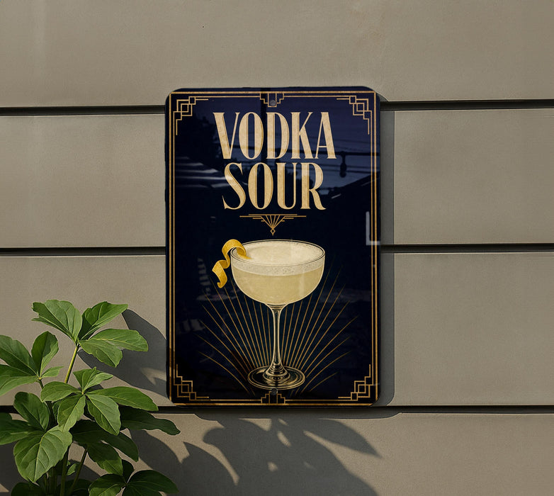 a sign with the text "VODKA SOUR" and an illustration of a cocktail glass with a lemon twist.