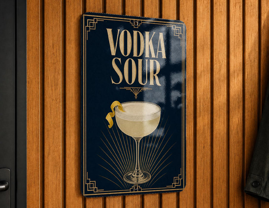 A sign with the text "VODKA SOUR" and an illustration of a cocktail glass with a lemon peel.