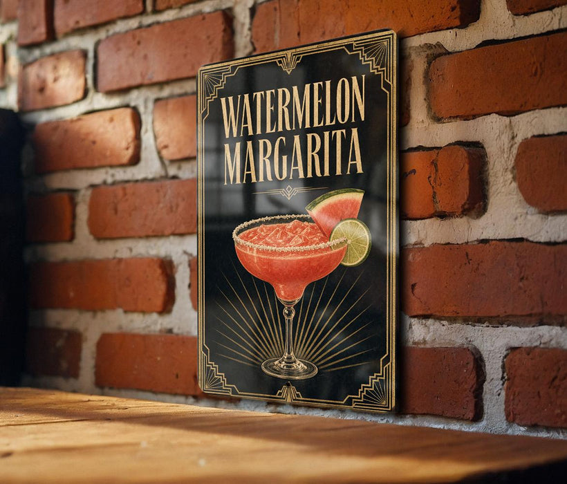 A sign for a "Watermelon Margarita" cocktail is displayed on a brick wall.