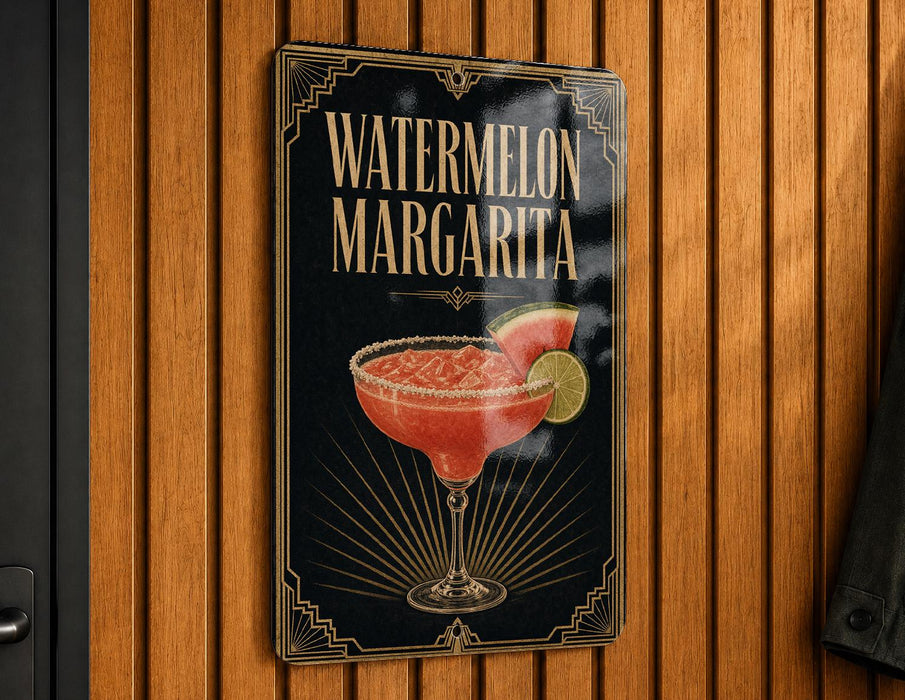 A sign for a "Watermelon Margarita" cocktail is displayed on a wooden wall.