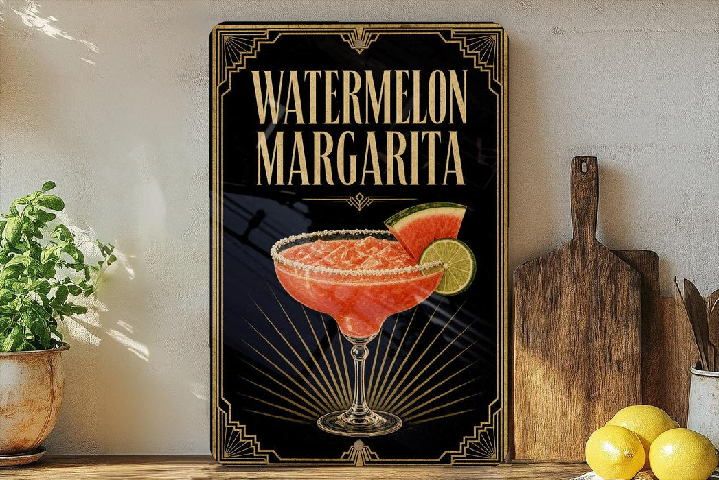 A framed poster of a watermelon margarita is displayed on a wall, with a wooden cutting board and a potted plant to the side.