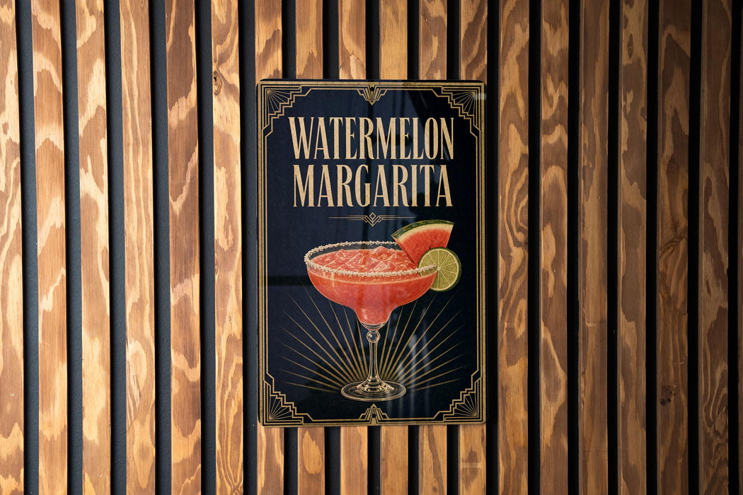 A poster for a "Watermelon Margarita" cocktail is displayed on a wooden wall.