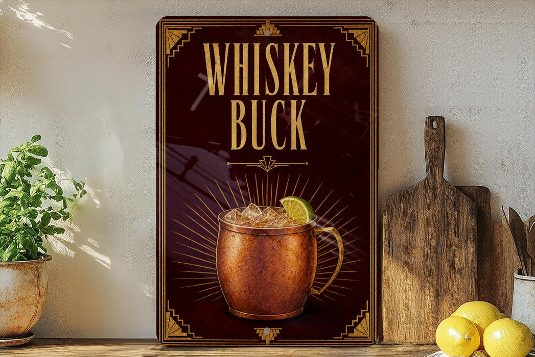 A copper mug filled with a drink, accompanied by a lemon slice, is featured prominently on a wall-mounted sign that reads "Whiskey Buck".