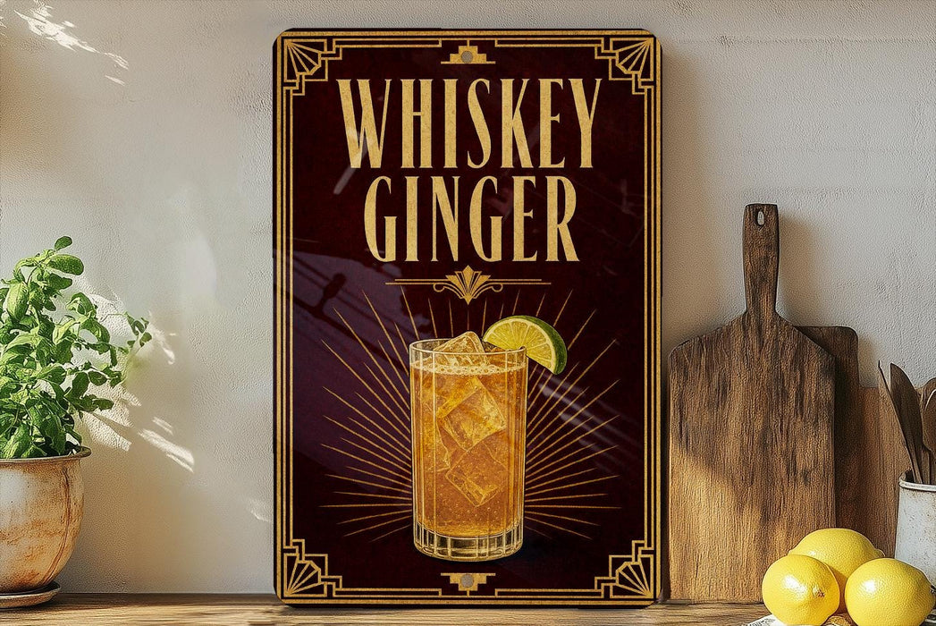 A decorative sign for whiskey ginger, featuring an illustration of a glass of whiskey with a slice of lemon on the rim.