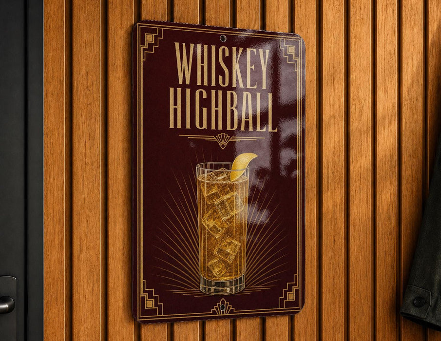 A sign for whiskey highball, featuring an illustration of a glass of whiskey with ice cubes and a lemon slice.