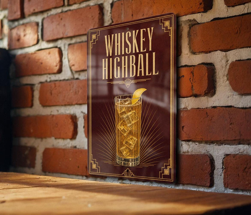 A poster or sign with the text "WHISKEY HIGHBALL" and an illustration of a cocktail with ice cubes.