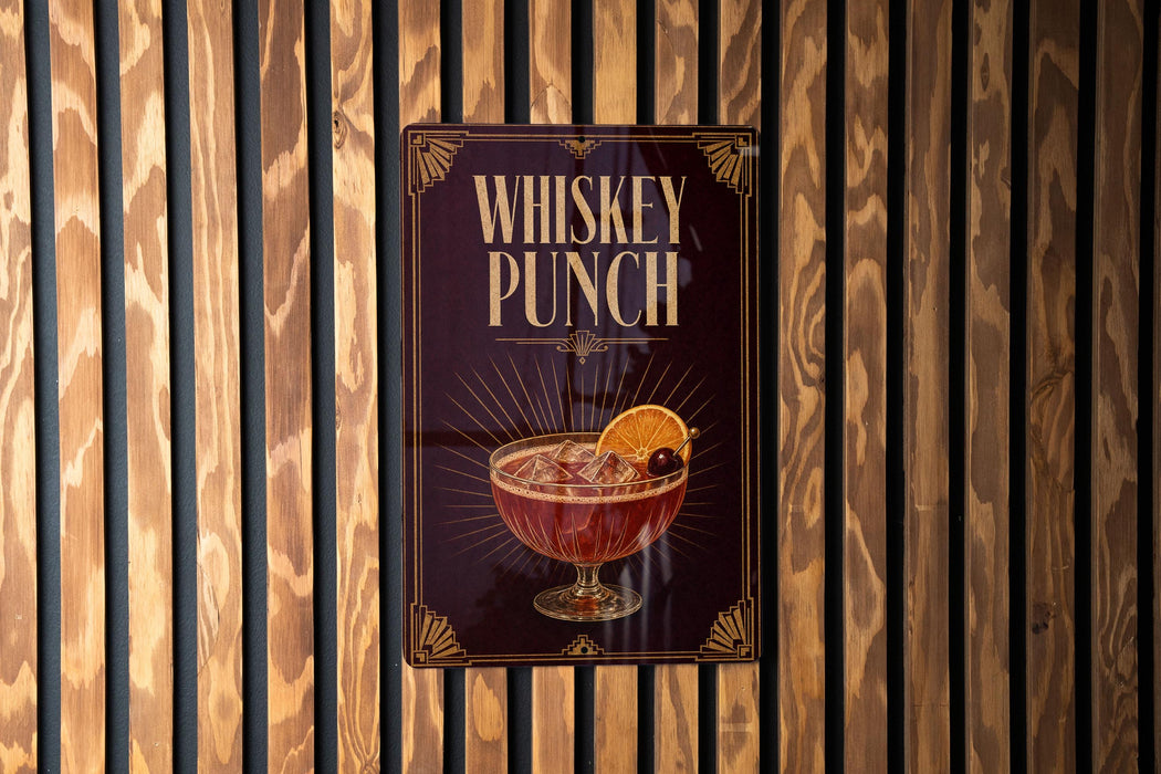 A poster advertising "Whiskey Punch" is displayed on a wooden wall.
