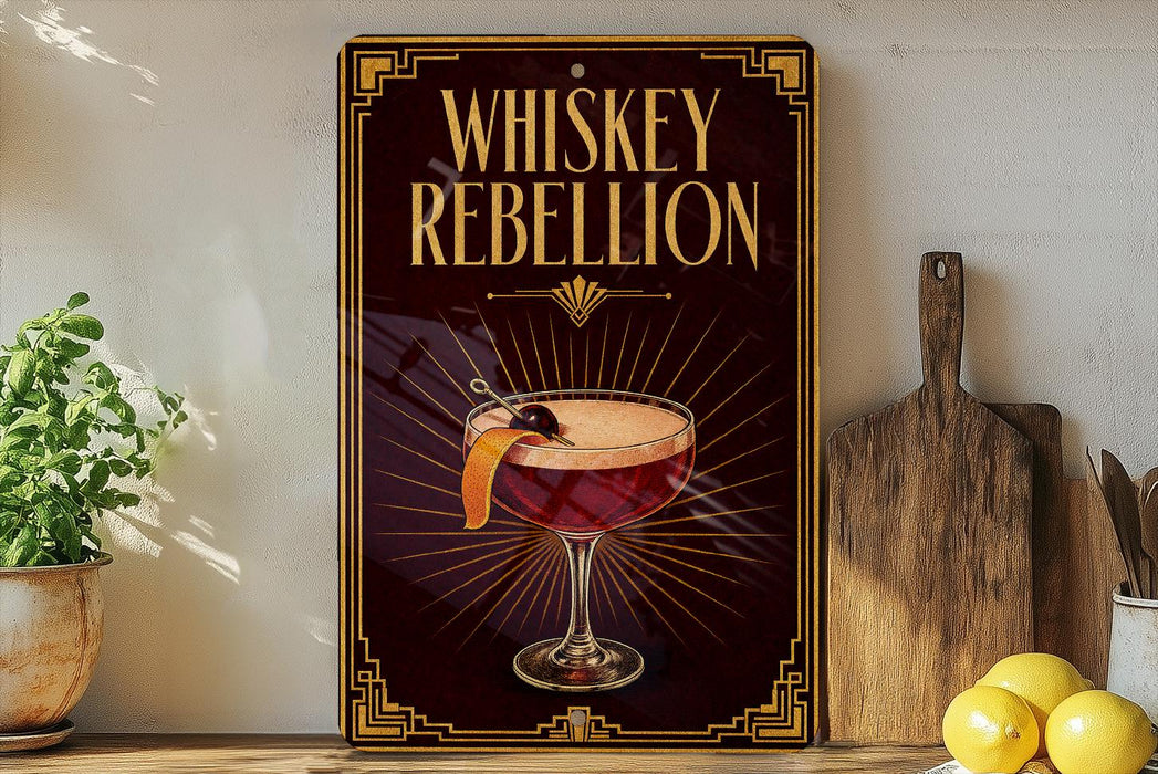 A decorative sign with the text "WHISKEY REBELION" and an illustration of a cocktail on a wooden surface.