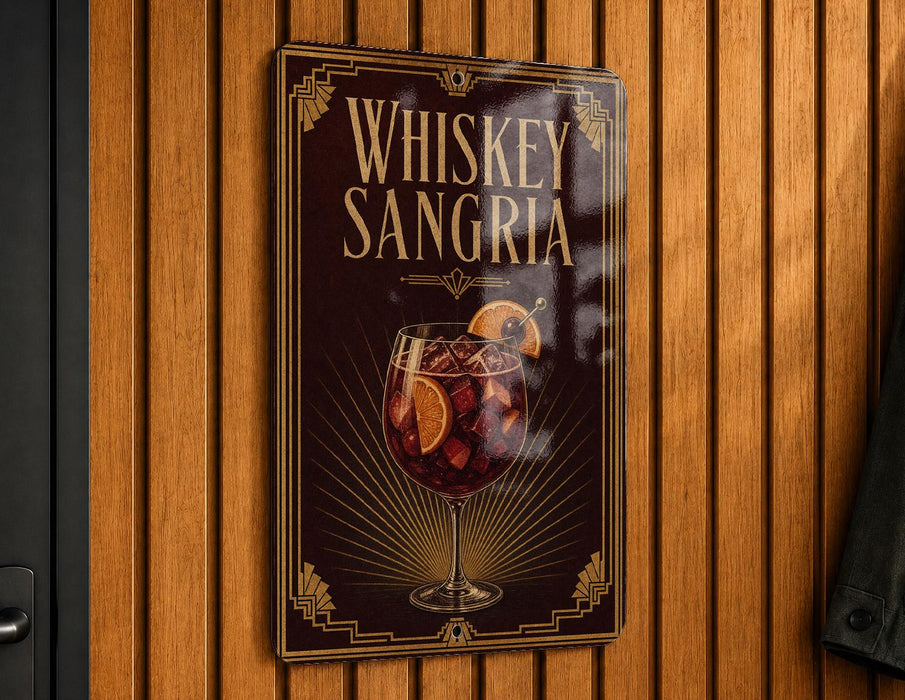 A sign for whiskey-sangria cocktail is displayed on a wooden wall.