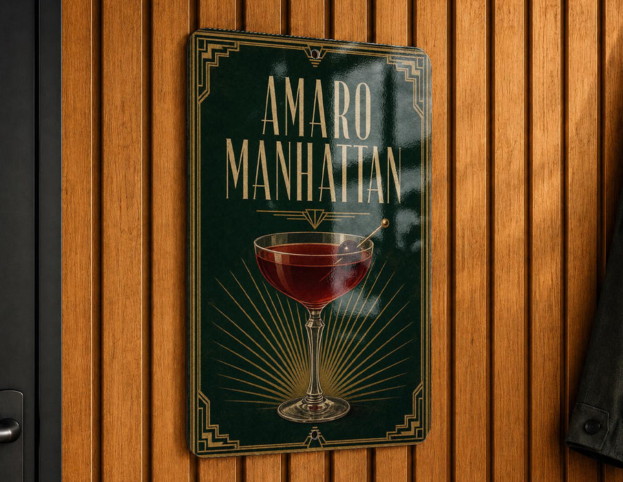 A sign for "Amaro Manhattan" is displayed on a wooden wall, featuring an illustration of a glass of red wine.