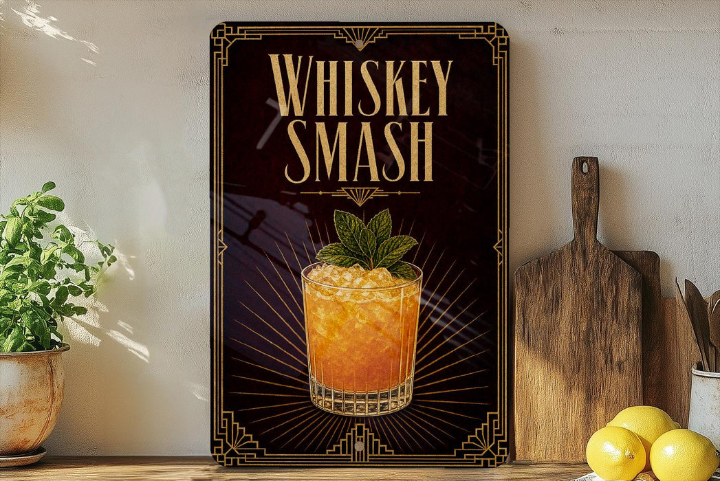 A framed advertisement for whiskey smash, featuring a glass of whiskey with a mint garnish, placed on a wooden shelf next to a cutting board and a potted plant.