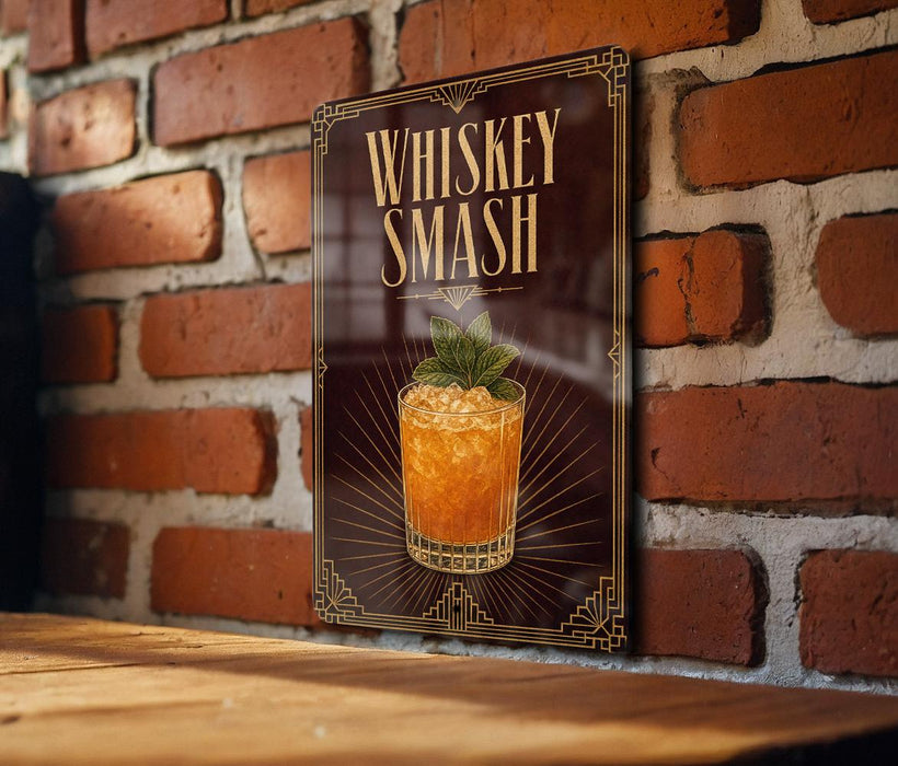 A sign with the text "Whiskey Smash" and an illustration of a cocktail is displayed on a brick wall.